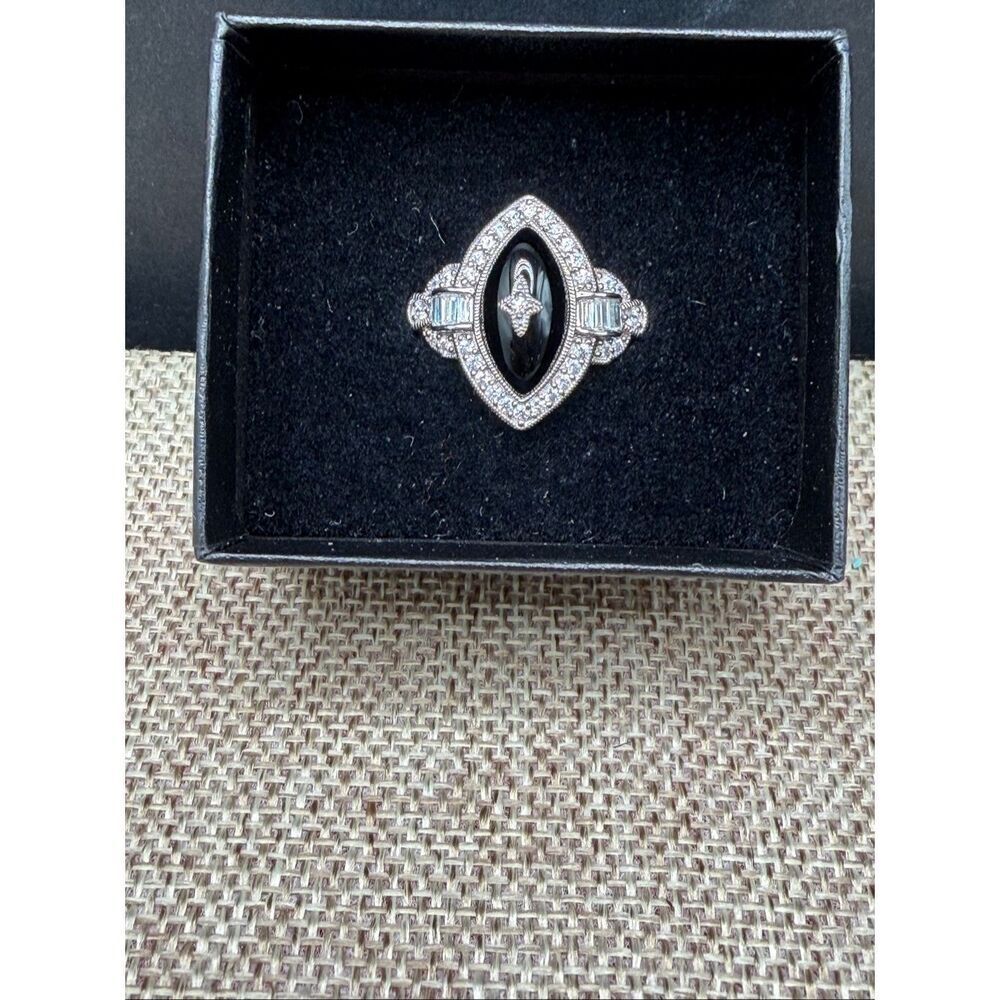 Black Onyx-Style Marquise CZ Halo Ring Sterling Silver Plated Size 6